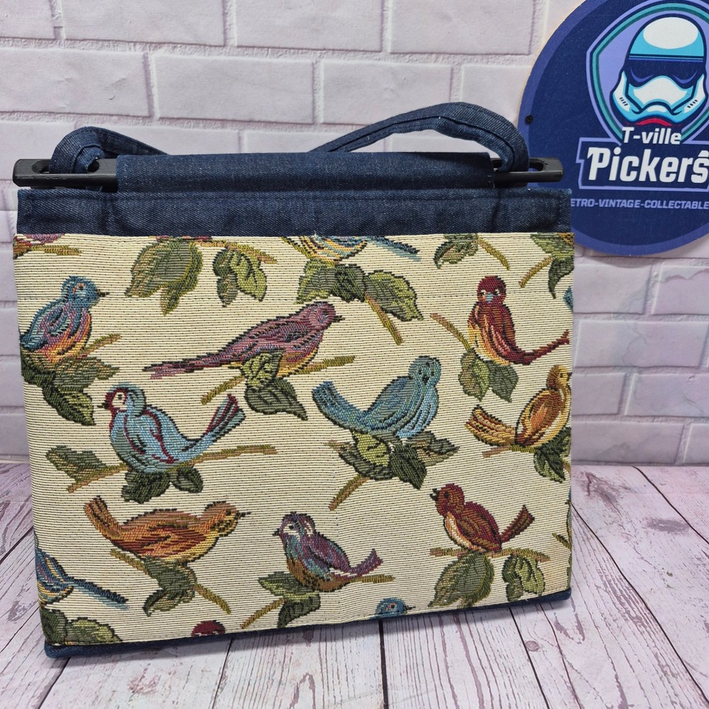 Toby Weston Bird Tapestry Denim Handbag Wooden Handle Cottagecore Tote Bag